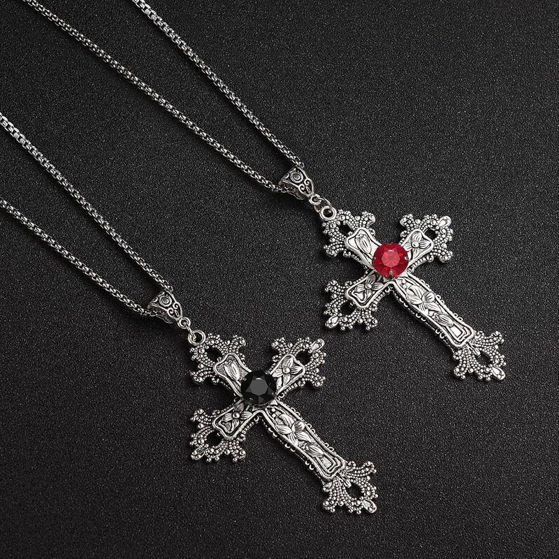 SHUS LIVE Gothic Cross Necklace Silver-Tone Pendant with Glass Stone, on 25” Steel Chain, Cross Necklace for Women, Large Goth Silver Cross Necklaces for Man, Big y2k Necklaces, Halloween Jewelry - Image 3